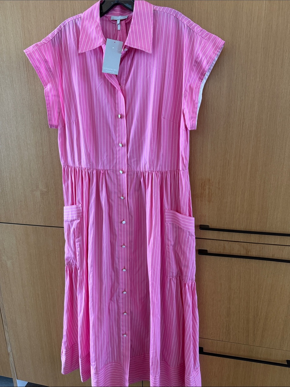 Hinson Wu Annabelle Short Sleeve Pencil Stripe Dress size Large NWT PINK /White